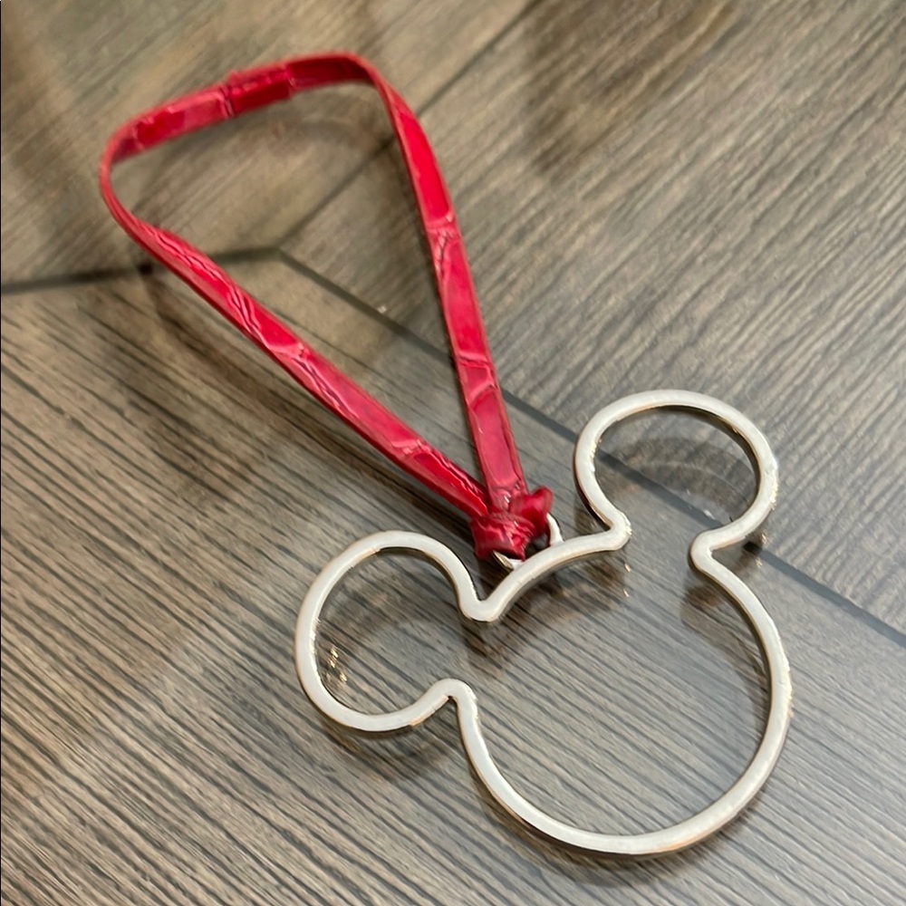 Disney Parks Hang Tag Silver-tone Mickey Mouse Silhouette Bag Charm Red Strap